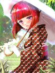  1girl arima_kana asyura0925 blush bob_cut brown_kimono gloves highres holding holding_umbrella inverted_bob japanese_clothes kimono looking_back open_mouth oshi_no_ko red_eyes red_hair short_hair smile umbrella white_gloves 