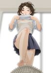  1girl ;o bare_legs barefoot blue_skirt blurry blurry_background brown_hair clothes_lift electric_fan floating_hair indoors lifted_by_self looking_at_object mattaku_mousuke one_eye_closed original pleated_skirt shirt_lift skirt soles sweatdrop tank_top toes white_tank_top 