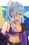  1girl bare_shoulders beach belt bikini breasts brown_eyes brown_gloves cleavage coat fire_emblem fire_emblem_awakening fire_emblem_heroes gloves highres jewelry kamu_(kamuuei) large_breasts long_hair looking_to_the_side navel necklace o-ring o-ring_bikini o-ring_top ocean off_shoulder official_alternate_costume purple_bikini robin_(female)_(fire_emblem) robin_(female)_(summer)_(fire_emblem) robin_(fire_emblem) smile solo swimsuit twintails white_hair 