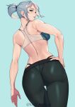  1girl absurdres ass back black_pants blue_eyes breasts from_behind grey_hair hand_on_own_hip highres jett_(valorant) kagematsuri looking_back medium_breasts pants panty_straps parted_lips ponytail solo sports_bra thigh_gap tight_clothes tight_pants valorant yoga_pants 