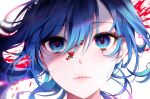  1girl 58_(opal_00_58) blue_eyes blue_hair closed_mouth commentary english_commentary eye_focus flower hair_between_eyes hair_flower hair_ornament highres looking_at_viewer original portrait red_flower red_pupils rose short_hair solo splatter water_drop white_background 