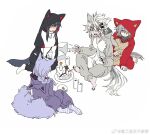  4girls animal_ears arknights birthday_cake black_hair black_nails bottle braid cake candle food grey_hair hair_ornament lappland_(arknights) long_hair multiple_girls party projekt_red_(arknights) provence_(arknights) purple_hair sleepwear tail texas_(arknights) yu_yanshu 