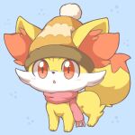  2027_(submarine2027) :o beanie blue_background blush brown_headwear clothed_pokemon commentary_request fennekin full_body hat looking_at_viewer lowres no_humans open_mouth pink_scarf pokemon pokemon_(creature) pom_pom_(clothes) pom_pom_beanie red_eyes scarf simple_background solo 