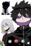  3boys absurdres ametaro_(ixxxzu) black_jacket black_necktie blue_eyes boku_no_hero_academia burn_scar can cheek_piercing coat collared_shirt dabi_(boku_no_hero_academia) drinking drinking_straw ear_piercing eyewear_on_head highres jacket juice_box kurogiri_(boku_no_hero_academia) male_focus medium_hair multiple_boys multiple_piercings multiple_scars necktie nose_piercing phone_screen piercing red_coat red_eyes scar scar_on_face scar_on_mouth scar_on_neck shigaraki_tomura shirt short_hair simple_background spiked_hair staple stapled stitches sunglasses video_call white_background white_hair white_shirt wrinkled_skin 