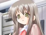  1girl blush bow brown_hair cake_x_3!_ichigo_ichie cupboard fork game_cg green_eyes holding holding_fork long_hair looking_down lowres non-web_source open_mouth pale_skin red_bow refrigerator simple_background sitting smile solo yoshimizu_kagami yuu_kamui 