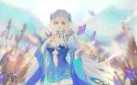  1girl artist_request blue_dress blue_eyes blurry blurry_background bracelet bug butterfly collar doupo_cangqiong dress facial_mark forehead_mark hair_ornament highres jewelry long_hair long_sleeves metal_collar mountain navel parted_lips second-party_source solo teeth upper_body white_hair yun_yun_(doupo_cangqiong) 