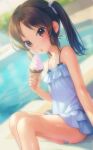  1girl arm_support ass blush brown_eyes brown_hair collarbone commentary day flat_chest frilled_one-piece_swimsuit frills hair_ribbon hand_up holding_ice_cream_cone idolmaster idolmaster_cinderella_girls kawaseki legs long_hair looking_at_viewer one-piece_swimsuit outdoors pool poolside ribbon sidelocks sitting solo sunlight swimsuit tachibana_arisu thighs tongue tongue_out twintails white_one-piece_swimsuit 