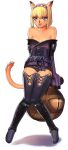  1girl :3 :d animal_ears avatar_(ff11) bare_shoulders belt blonde_hair blue_eyes blue_hairband breasts cameltoe cat_ears cat_girl cat_tail cleavage collarbone cross-laced_clothes cross-laced_legwear fangs final_fantasy final_fantasy_xi hair_between_eyes hairband knees_together_feet_apart long_sleeves magic_pot mithra_(ff11) multicolored_hairband off_shoulder panties purple_belt purple_panties purple_robe purple_thighhighs red_hairband robe short_hair simple_background sitting sleeves_past_fingers sleeves_past_wrists small_breasts smile solo tail taisai_soft thighhighs thighs underwear white_background white_hairband zettai_ryouiki 