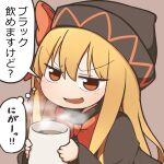  1girl black_capelet black_dress black_headwear blonde_hair blush capelet coffee coffee_mug cup dress hair_between_eyes hat holding holding_cup kyuukei_usagi lily_black lily_white long_hair long_sleeves mug open_mouth red_eyes smug solo speech_bubble thought_bubble touhou translation_request wide_sleeves 