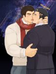  2boys alternate_costume ass bara beard_stubble black_hair black_suit blush breath brown_sweater closed_eyes commentary_request commission contemporary couple facial_hair formal french_kiss from_side grabbing_another&#039;s_arm halo hand_on_another&#039;s_neck harada_(basashi) highres kiss large_pectorals long_sideburns male_focus mature_male multiple_boys muscular muscular_male mustache_stubble official_alternate_costume pants pectorals protagonist_3_(housamo) red_scarf saliva scarf second-party_source short_hair sideburns skeb_commission striped striped_pants striped_suit stubble suit sweater thick_eyebrows tokyo_afterschool_summoners tongue tongue_out watermark winter_clothes yaoi zabaniyya_(fashionista_suit)_(housamo) zabaniyya_(housamo) 