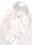  1boy 1girl absurdres age_difference bishounen black_nails blonde_hair blush breasts closed_eyes clothes_down couple grey_eyes grey_hair hair_between_eyes hand_on_another&#039;s_chest hetero highres hug hug_from_behind long_hair msa_(fary_white) nipples one_eye_closed original robe simple_background sketch slit_pupils small_breasts very_long_hair wavy_hair white_background white_robe 