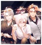  2ssno 3boys black_pants black_shirt border brown_hair city_lights closed_mouth collared_shirt eyewear_on_head glasses grey_eyes grey_hair idolish7 kujou_tenn long_sleeves looking_at_viewer male_focus multiple_boys one_eye_closed open_mouth orange_eyes pants pink_eyes pink_hair shirt short_hair short_sleeves teeth trigger_(idolish7) tsunashi_ryuunosuke white_border white_shirt yaotome_gaku 