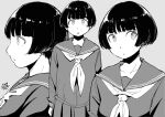  1girl :o black_hair blunt_bangs bob_cut dated grey_background grey_skirt greyscale hadashi_no_kenji looking_at_viewer monochrome multiple_views neckerchief profile school_uniform serafuku simple_background skirt solo standing 