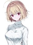  1girl antenna_hair arcueid_brunestud blonde_hair cross cross_necklace highres jewelry looking_at_viewer necklace red_eyes short_hair simple_background sketch smile solo sweater tsukihime tsukihime_(remake) turtleneck turtleneck_sweater upper_body white_background white_sweater yuyuyuyhz 