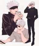  1boy black_footwear black_jacket black_pants blindfold blue_eyes blush can cellphone covered_eyes cup deka_power full_body gojou_satoru grey_shirt hand_in_pocket hand_up hands_up highres holding holding_can holding_cup holding_phone jacket jujutsu_kaisen jujutsu_tech_uniform long_sleeves male_focus open_mouth pants phone round_eyewear school_uniform shirt shoes short_hair short_sleeves smartphone smile sunglasses upper_body white_background white_hair 