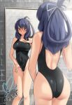  1girl adjusting_clothes adjusting_swimsuit ao_no_kiseki ass backless_swimsuit black_one-piece_swimsuit breasts commission covered_navel cowboy_shot dated eiyuu_densetsu hair_rings half_updo hand_on_own_chest highleg highleg_swimsuit highres large_breasts looking_at_viewer mirror multiple_views one-piece_swimsuit pixiv_commission purple_eyes purple_hair reflection rixia_mao signature solo swimsuit yoo_tenchi 