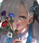  1girl blue_hair close-up commentary dress flower flower_request hair_flower hair_ornament hair_over_one_eye highres holding holding_flower isekai_joucho isshiki_(ffmania7) kamitsubaki_studio long_hair looking_at_viewer multicolored_hair parted_lips signature solo symbol-only_commentary two-tone_hair virtual_youtuber white_dress white_eyes white_hair 