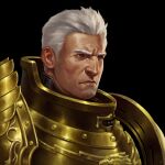  absurdres adrian4rt armor bird black_background eagle fluffy_hair gold_armor highres imperial_aquila imperial_fists imperium_of_man male_focus power_armor primarch rogal_dorn semi_realisim short_hair simple_background warhammer_40k white_hair 