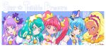  5girls amamiya_elena animal_ears aqua_eyes aqua_hair artist_logo blonde_hair blue_eyes blue_hair cat_ears choker commentary_request copyright_name cure_cosmo cure_milky cure_selene cure_soleil cure_star earrings extra_ears eyelashes hagoromo_lala hair_ornament happy hoshina_hikaru jewelry kaguya_madoka kamikita_futago looking_at_viewer magical_girl multiple_girls orange_eyes pink_eyes pink_hair precure purple_eyes purple_hair smile star_twinkle_precure twintails yuni_(precure) 