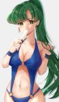  1girl alternate_costume blue_one-piece_swimsuit breasts cleavage commentary_request earrings edamameoka fire_emblem fire_emblem:_the_blazing_blade food green_eyes green_hair grey_background highres holding holding_food jewelry large_breasts long_hair looking_at_viewer lyn_(fire_emblem) navel o-ring o-ring_swimsuit one-piece_swimsuit ponytail popsicle simple_background solo stomach swimsuit upper_body very_long_hair 