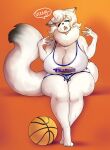  absurd_res anthro arctic_fox ball basketball_(ball) basketball_uniform big_breasts black_ear_tips black_eartips black_tail_tip bodily_fluids bonzibun breasts canid canine cleavage_tuft clothing curvaceous curvy_figure female fox fur hi_res huge_breasts mammal neck_tuft solo space_jam sportswear svala_(svala_fox) sweat thick_thighs toon_squad tuft uniform voluptuous warner_brothers white_body white_fur 