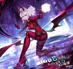  1girl anniversary blunt_bangs bodysuit breasts carmilla_(fate) cityscape fate/grand_order fate_(series) firing full_body gun handgun highres horns long_hair low_wings medium_breasts okojo on_one_knee ponytail sidelocks solo weapon white_hair wings yellow_eyes 