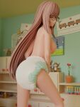  3d_(artwork) absurd_res blender_(software) book breasts cage diaper digital_media_(artwork) drawing embarrassed eyewear female flower glasses hair hi_res koofey long_hair not_furry nursery plant rear_view solo toy watermark 