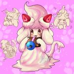  alcremie collar cream_(disambiguation) domestic_cat felid feline felis food food_creature generation_8_pokemon hi_res mammal nintendo pink_background pokemon pokemon_(species) red_eyes simple_background tail techno_otaku white_body 