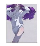  1girl bare_legs border bottomless cowboy_shot drawstring grey_background hair_flip hands_up highres long_hair long_sleeves looking_at_viewer looking_to_the_side nanahyaku_torako original purple_eyes purple_hair simple_background sketch smile smirk solo sweater white_sweater 