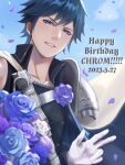  1boy armor blue_cape blue_eyes blue_flower blue_hair blue_rose cape chrom_(fire_emblem) dated fire_emblem fire_emblem_awakening flower hair_between_eyes happy_birthday highres looking_at_viewer male_focus rose shoulder_armor smile solo tori_art07 upper_body w 