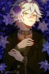  1boy artist_name brown_jacket chain collar collarbone danganronpa_(series) danganronpa_another_episode:_ultra_despair_girls flower grey_hair hair_between_eyes hair_flower hair_ornament highres jacket komaeda_nagito long_sleeves messy_hair metal_collar nail_polish pink_flower red_nails scar servant_(danganronpa) sillymaraca smile solo upper_body 