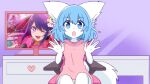  blue_hair bottomless canid canine canis clothed clothing female front_view fur genitals hair hi_res humanoid mammal pink_chair pink_clothing pink_shirt pink_topwear pussy shirt solo sunniarts tagme topwear white_body white_fur wolf wolfychu 