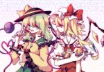  2girls ascot black_headwear blonde_hair blouse bow closed_mouth collared_shirt cowboy_shot eating fingernails flandre_scarlet food fork frilled_shirt_collar frilled_sleeves frills green_hair green_skirt hair_between_eyes hat hat_bow hat_ribbon heart heart_of_string holding holding_fork holding_plate komeiji_koishi long_sleeves looking_at_another medium_hair mimureem mob_cap multicolored_wings multiple_girls nail_polish name_connection object_namesake one_side_up open_mouth plate pudding puffy_short_sleeves puffy_sleeves red_bow red_nails red_skirt red_vest ribbon sharp_fingernails shirt short_sleeves simple_background skirt skirt_set sleeve_ribbon teeth third_eye touhou upper_teeth_only vest white_headwear white_shirt wide_sleeves wings yellow_ascot yellow_bow yellow_ribbon yellow_shirt 