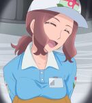  1girl blue_shirt breasts brown_hair closed_eyes collarbone hanadera_yasuko haruyama_kazunori hat healin&#039;_good_precure long_hair medium_breasts open_mouth polo_shirt ponytail precure shirt short_hair smile solo white_headwear 