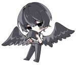  1boy bags_under_eyes black_eyes black_footwear black_hair black_pants black_wings blush book chibi covering_mouth hi_i_dubu highres holding holding_book limbus_company looking_at_viewer pants project_moon shirt shoes simple_background sleeves_rolled_up solo suspenders white_background white_shirt wings yi-sang_(limbus_company) 