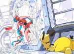  alien aomon_(yuuji7604) back behind_cover broken_glass containment_unit deoxys deoxys_(normal) door glass highres indoors laboratory looking_at_another looking_to_the_side lying no_humans pichu pokemon pokemon_(creature) psyduck tail tentacles 
