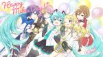  2girls 4girls anniversary artist_name balloon blonde_hair blue_eyes blue_hair brown_eyes brown_hair detached_sleeves dress flag flower hair_ornament hairband hairclip hatsune_miku highres kagamine_len kagamine_rin kaito_(vocaloid) long_hair long_sleeves looking_to_the_side megurine_luka meiko_(vocaloid) multiple_girls nail necktie one_eye_closed open_mouth pink_hair ponytail sailor_collar second-party_source short_dress short_hair short_sleeves shorts twintails upper_body very_long_hair vocaloid white_flag wogura 