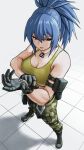  1girl adjusting_clothes adjusting_gloves bare_shoulders blue_eyes blue_hair boots breasts camouflage camouflage_pants combat_boots dog_tags from_above gloves highres leona_heidern military pants ponytail pouch sleeveless soldier solo the_king_of_fighters the_king_of_fighters_xv x_chitch 