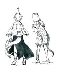  2girls animal_ears bucket bucket_on_head clenched_hands dress greyscale hat_launch high_heels highres holding holding_bucket holding_paintbrush horse_ears horse_girl horse_tail jacket jacket_on_shoulders mame_nabe_donko meisho_doto_(umamusume) monochrome multiple_girls object_on_head paint paint_on_clothes paintbrush shirt shoes short_hair short_sleeves shorts speed_lines standing t.m._opera_o_(umamusume) tail tied_shirt traditional_media umamusume 