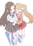  2girls aly_(eshikidori) ankle_socks bare_legs blonde_hair blush bow bowtie brown_eyes brown_hair brown_shirt closed_eyes closed_mouth collared_shirt commentary_request drop_shadow forehead full_body grey_bow grey_bowtie grey_skirt happy heart highres holding_another&#039;s_arm kneehighs lace-trimmed_legwear lace-trimmed_socks lace_trim long_hair long_sleeves looking_at_another miniskirt multiple_girls no_shoes open_mouth original plaid plaid_skirt pleated_skirt red_skirt school_uniform shirt sidelocks simple_background skirt smile socks split_mouth standing twintails very_long_hair white_background white_shirt white_socks yuri 