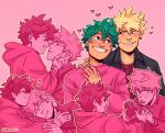  2boys artist_name bakugou_katsuki black_jacket blonde_hair blush boku_no_hero_academia box closed_eyes closed_mouth commentary earrings english_commentary eye_contact freckles giving green_eyes green_hair grin habkart hand_on_another&#039;s_head hand_on_another&#039;s_neck heart heart-shaped_box heart_background highres holding holding_box hood hoodie jacket jewelry long_sleeves looking_at_another male_focus midoriya_izuku multiple_boys open_mouth pink_background pink_shirt shirt short_hair simple_background sleeping sleeping_on_person smile spiked_hair valentine yaoi 