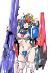  1girl arm_shield armor beam_rifle blue_eyes blue_hair breasts closed_mouth commentary_request contrapposto cosplay cowboy_shot energy_gun fa_yuiry fingernails gun gundam headgear highres holding holding_gun holding_weapon light_smile mecha_musume medium_breasts medium_hair nail_polish navel red_nails shoulder_armor simple_background solo stomach tamakoshi_horiyuki thighhighs v-fin weapon white_background white_thighhighs zeta_gundam zeta_gundam_(mobile_suit) zeta_gundam_(mobile_suit)_(cosplay) 