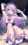  1girl anichika arm_behind_head armpits detached_collar dress gem grey_hair grin hair_between_eyes highres hololive hololive_english koseki_bijou long_hair looking_at_viewer panties pantyshot parted_lips presenting_armpit purple_eyes sitting smile solo underwear virtual_youtuber white_panties 