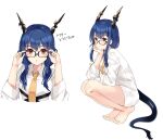  1girl adjusting_eyewear arknights bare_legs barefoot bespectacled black-framed_eyewear blue_hair ch&#039;en_(arknights) collared_shirt commentary_request cropped_torso dragon_girl dragon_horns dragon_tail glasses hair_between_eyes hair_over_shoulder highres horns knees_up lily0428 long_hair low_twintails multiple_views necktie no_pants red_eyes shirt simple_background squatting tail translation_request twintails white_background white_shirt yellow_necktie 