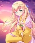  1girl blonde_hair blue_ribbon blush closed_mouth commentary floating_hair from_side green_eyes hair_between_eyes hair_ribbon half-closed_eyes half_updo hand_up japanese_clothes kimono long_hair long_sleeves looking_at_viewer ocean otou_(otou_san) pink_kimono pinky_out purple_sky red_sash ribbon sash sitting sky smile solo spoilers summer_pockets sunset tsumugi_wenders very_long_hair wide_sleeves yellow_kimono 