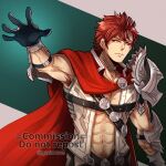  1boy abs alternate_costume armor armpits bara black_gloves cape diamant_(fire_emblem) fire_emblem fire_emblem_engage fire_emblem_heroes gloves gzei highres muscular muscular_male red_cape red_hair scar shoulder_armor solo upper_body watermark 