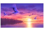  animal bird cloud flock flying gradient_sky hariken highres horizon ocean original purple_sky scenery sky sun sunset tree 