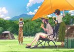  3girls absurdres baseball_cap black_hair camping chair corn day folding_chair glasses hat highres lantern long_hair michinoku_(hiking_miusan18) multiple_girls original outdoors overalls scenery shoes short_hair short_shorts shorts single_shoe sitting tent 