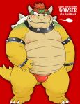  2023 anthro belly big_belly blush bowser bulge clothing english_text kemono koopa male mario_bros moobs nintendo nipples overweight overweight_male red_background scalie simple_background solo text underwear wantaro 