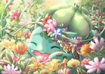  :d absurdres blue_flower bulbasaur closed_eyes commentary_request day fang flower fuju1012 happy highres lying no_humans on_stomach open_mouth outdoors pink_flower plant pokemon red_flower smile vines 